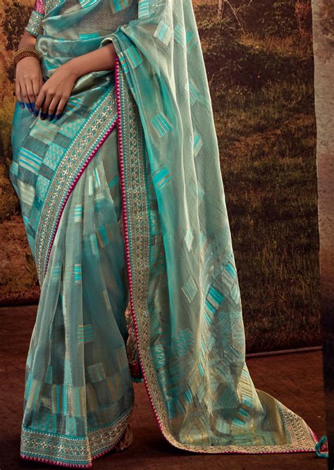 Hand Embroidered Organza Baby Blue Designer Saree Online Shopping USA ...