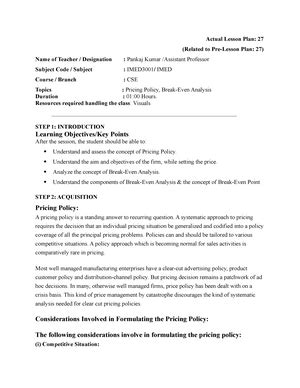 IMED Actual Lesson plan-18 - Actual Lesson Plan: 18 (Related to Pre ...