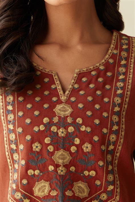 Buy Red Handcrafted Straight Cotton Linen Kurta for Women | FGMK24-157 ...