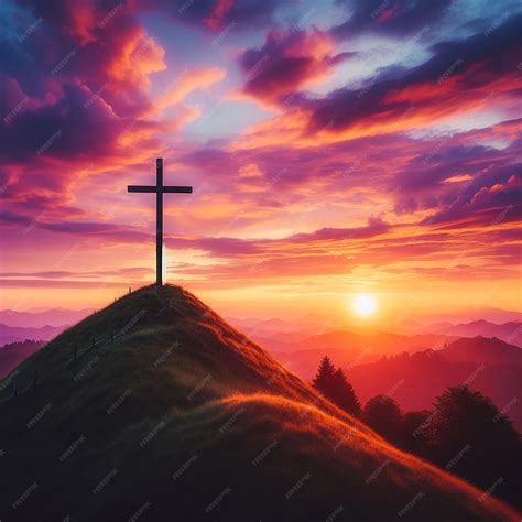 Premium Photo | A photo of a cross with a sunset in the background