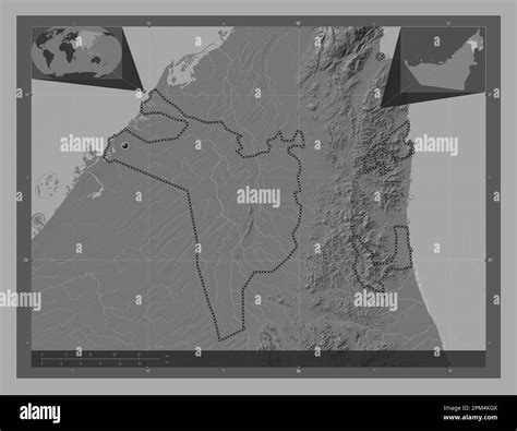 Sharjah, emirate of United Arab Emirates. Bilevel elevation map with lakes and rivers. Corner ... - map of sharjah united arab emirates
