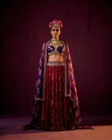 Signature Print Embroidered Blouse with Print Crushed Lehenga Skirt ...