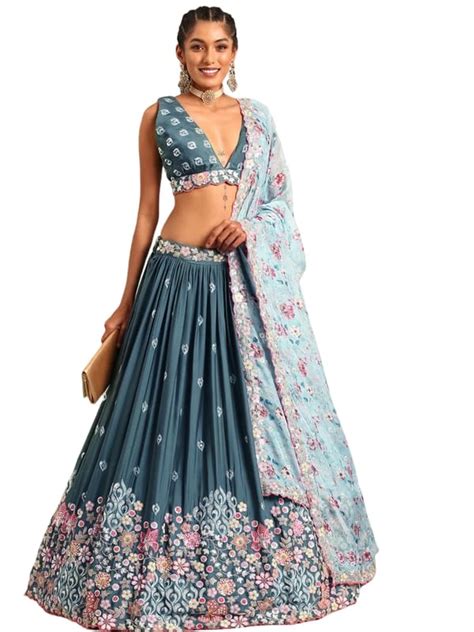 Buy Women's Teal Blue Chinon Sequins embroidery Semi-Stitched Lehenga ...