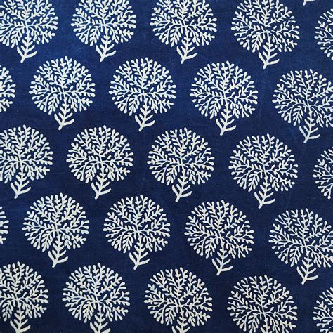 Pre-cut 1.70 meter Pure Cotton Indigo Tree Motif Hand Block Print Fabr ...