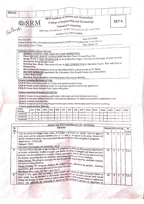 21CSS101J Programming for Problem Solving - Degree Exam May 2025 - Studocu