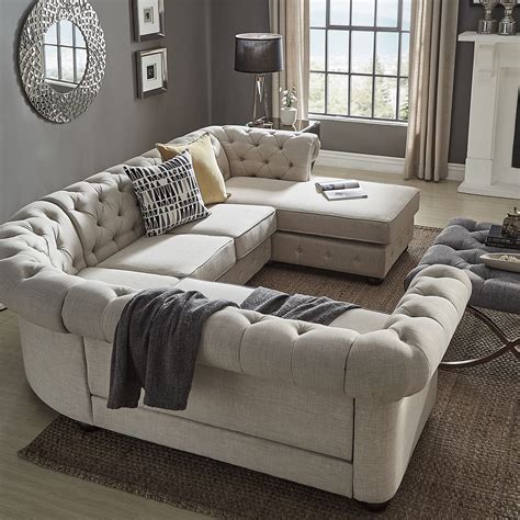 Knightsbridge Tufted Scroll Arm Chesterfield U-Shape Sectional with ...
