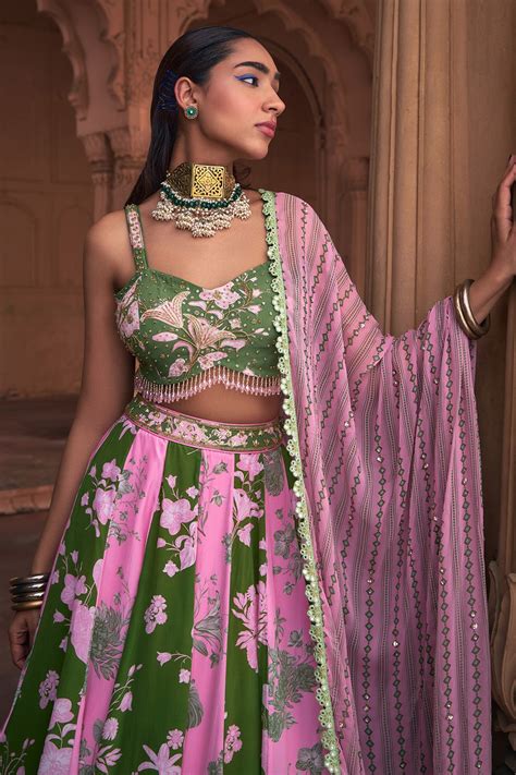 SAGE GREEN FLORAL PRINT & HIGHLIGHTED LEHENGA SET