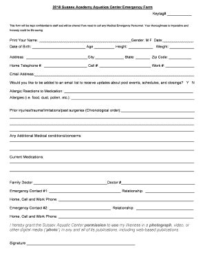 Fillable Online Sussex Academy Aquatics Center Emergency Form: 302-856 ...
