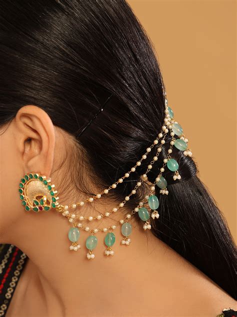 22K Gold Plated Triple Pearl Chain Aqua Chalcedony Stones Layered Ear ...