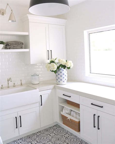 Decorative Tile Floor in a White Laundry Room - Soul & Lane
