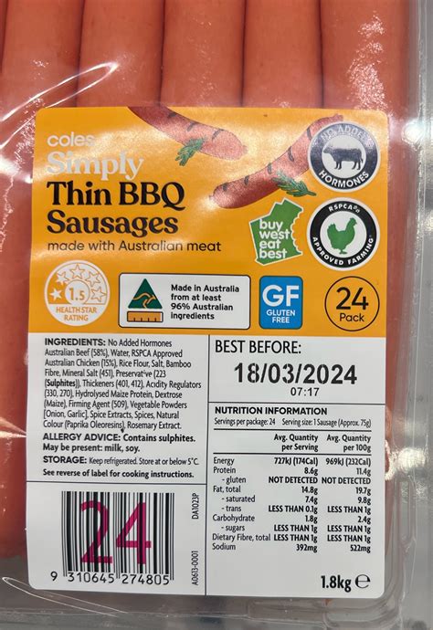 Check Halal, gluten-free status of Coles Simply Party Thin BBQ Sausages ...