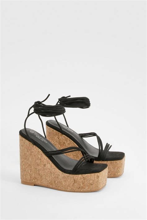 Wide Fit Strappy Lace Up Cork Wedges | boohoo AU