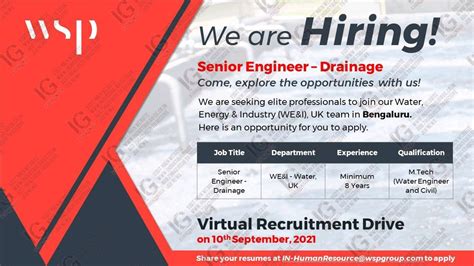 WSP Group Requirements of 10th September 2021 for Senior Engineer check now