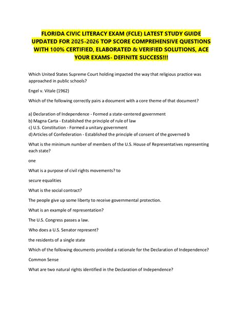 FLORIDA CIVIC LITERACY EXAM (FCLE) LATEST STUDY GUIDE UPDATED FOR 2025 ...