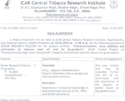 CTRI Biochemistry SRF Walk Ins