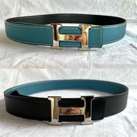 HERMES "Turquoise Blue×Black Leather" "H Buckle" Reversible Belt(Long ...