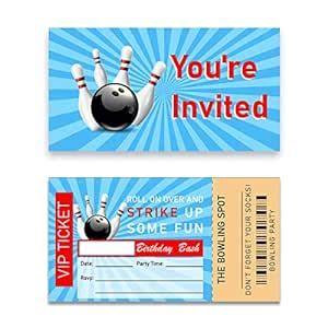 Soiceu Blue Bowling Tickets Birthday Invitations with Envelopes Set of ...