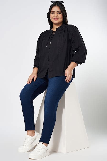 Black Self Design Casual Full Sleeves Round Neck Women Regular Fit Tops ...