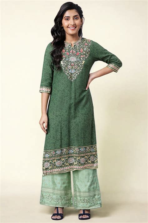 Buy Green Foil Printed Sequins Straight Kurta and Palazzo Set Online ...