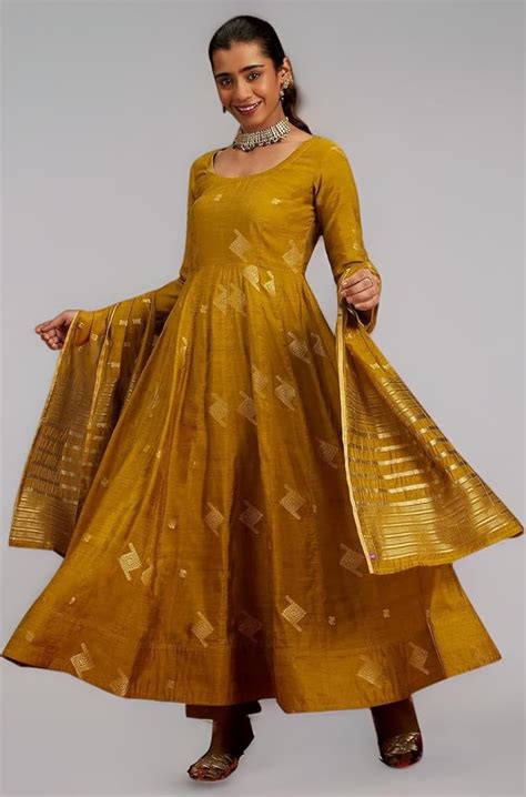 Libas Mustard Woven Design Chanderi Silk Anarkali Kurta with Palazzos ...