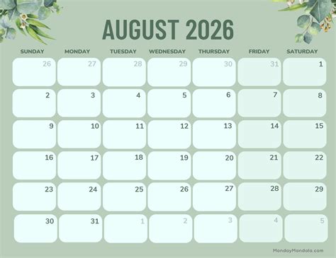 Cute August Calendar 2026 Printable