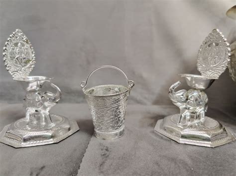 German Silver Gajalakshmi Diya 5" With Bucket – Silver Giftry