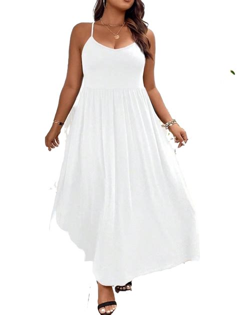 Casual Solid Cami Spaghetti Strap White Plus Size Dresses - Walmart.com