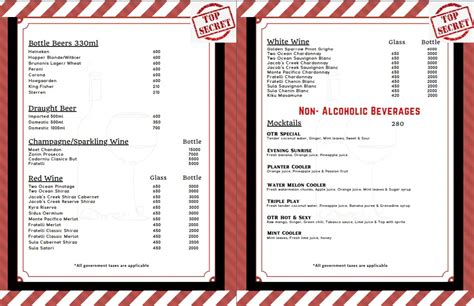 Menu at Off The Record, Chennai