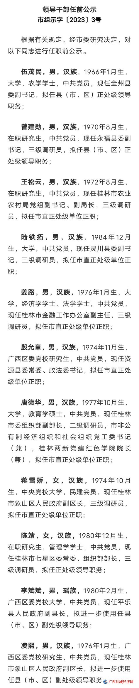 桂林市发布一批处级领导干部任前公示 - 广西县域经济网