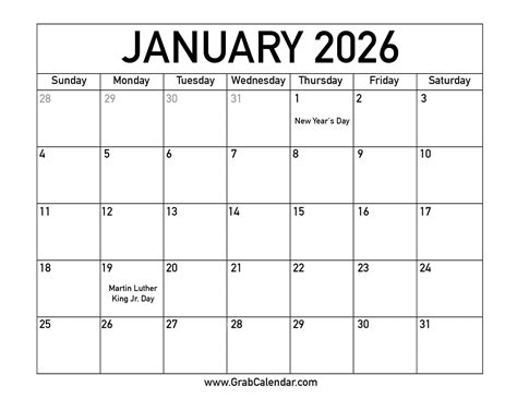 Printable January 2026 Calendar