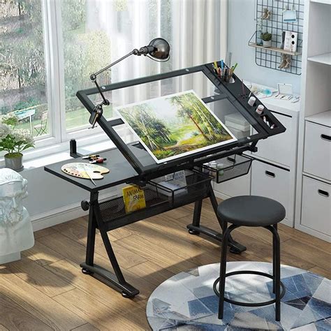 Amazon.com: Height Adjustable Glass Drawing Desk, Artist's Drawing Desk ...