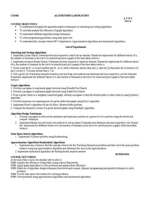 CS3401 Algorithms Lab Syllabus: Course Objectives & Experiments - Studocu