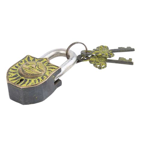 Brass Padlock Engraved Yellow Hindu Sun God Lock With 2 Keys