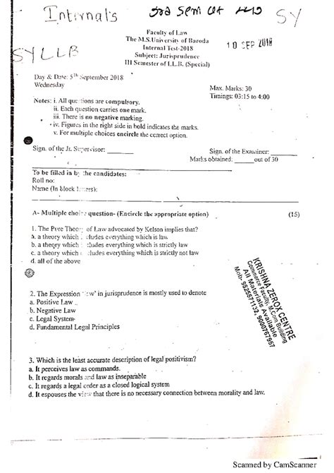 Jurisprudence question paper - 3rd sem at HIS SY Faculty of Law The M ...