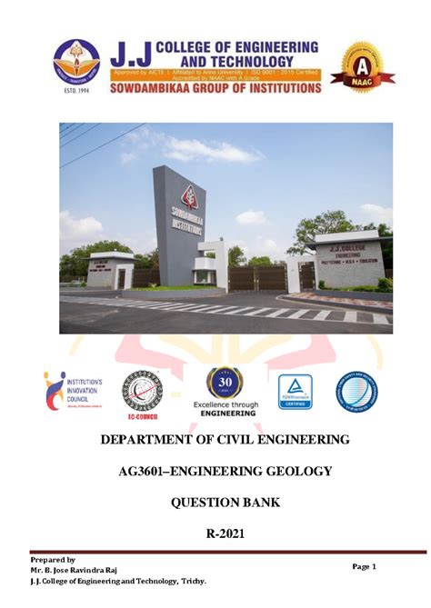 AG3601 Engineering Geology Question Bank and Important Topics - Studocu