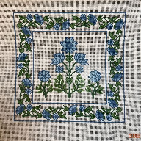 Large Blue Block Print Floral - The Needlepoint Clubhouse