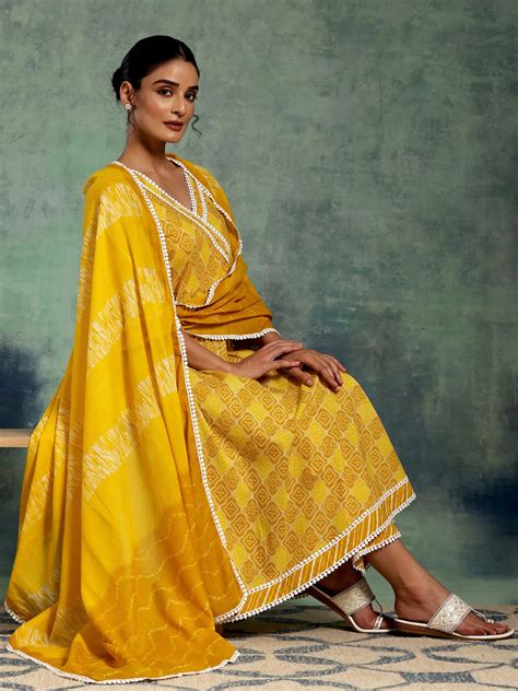 Buy Mustard Printed Cotton A-Line Kurta With Palazzos & Dupatta Online ...