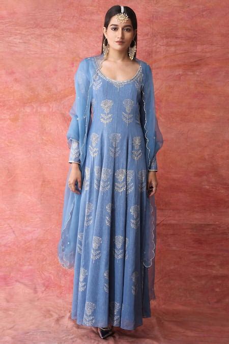 Buy Blue Georgette, Silk Organza, Round Block Print Anarkali Set For ...