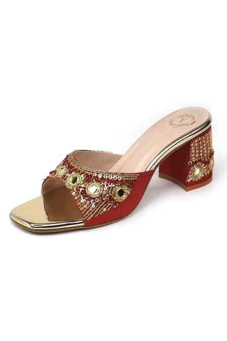 Buy Red Sequins, Mirrors Begum And Embroidered Heels by Yassio Online ...