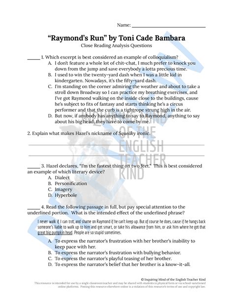 Raymond's Run by Toni Cade Bambara Close Reading Analysis Worksheet ...