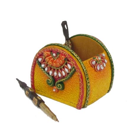 "Pen Stand": Yellow Craft (4x4x4) by Ecraft India – ArtZolo.com