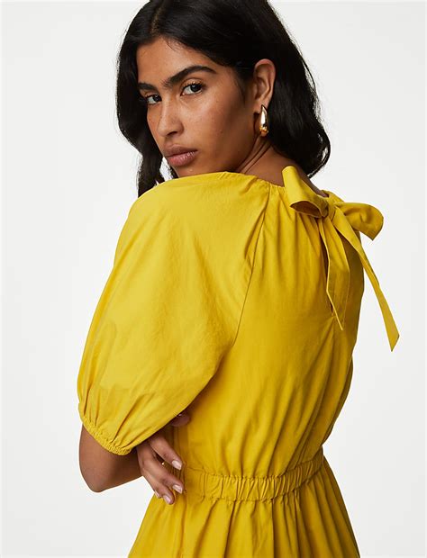 Buy Pure Cotton Round Neck Midi Waisted Dress at Marks & Spencer