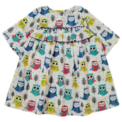 Snowflakes Girls 3/4th Sleeves Frock With Owl Print - White