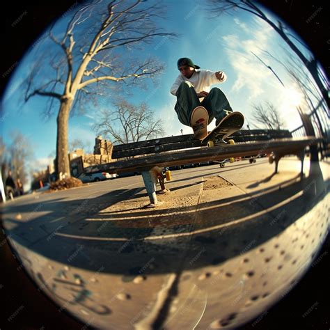 Skateboarder in action captured with a unique fisheye lens next to a ...