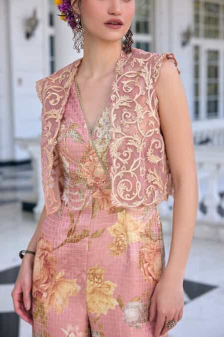 Buy Blush Brocade Embroidery V-neck Alysa Floral Jumpsuit And Cape Set ...
