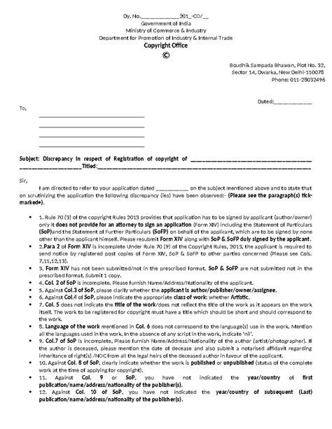 Proforma Discrepancy Letter for Copyright Registration - Studocu