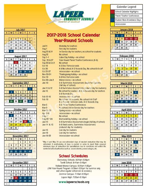 2017 - 2018 Year-Round School Calendar | Lapeer Community Schools ...
