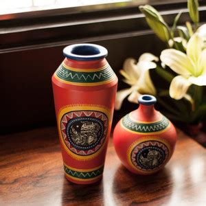 ExclusiveLane Set of 2 Handpainted with Madhubani Art Terracotta Vase ...