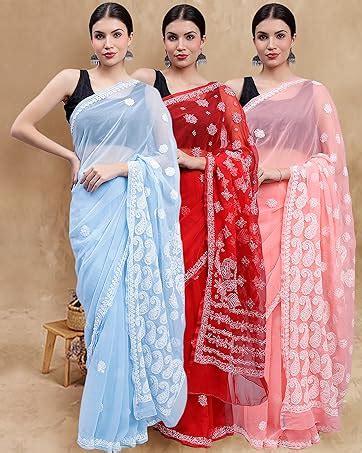 Buy Seva Chikan Hand Embroidered Lucknowi Chikankari Red Georgette ...