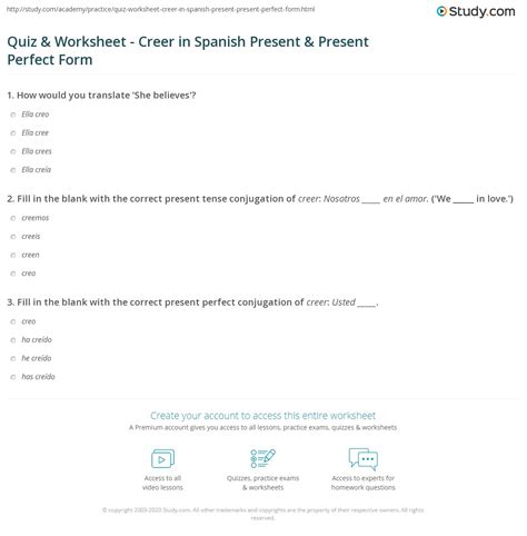 Quiz & Worksheet - Creer in Spanish Present & Present Perfect Form ...